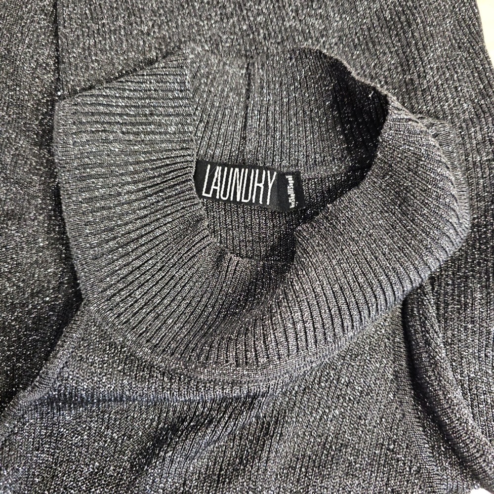 Laundry by Shelli Segal Vtg Y2K Metallic Silver Gunmetal Mock Neck Knit Top Sz L